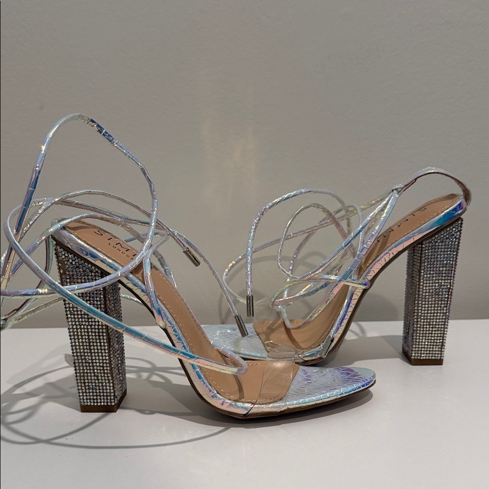 Brand new Simmi London Shimmering Strappy Heels with Rhinestone Block Heel